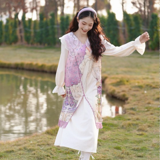 Spring 2026 new style pastel color embroidery double-layer collar printed patchwork fake two-piece dress