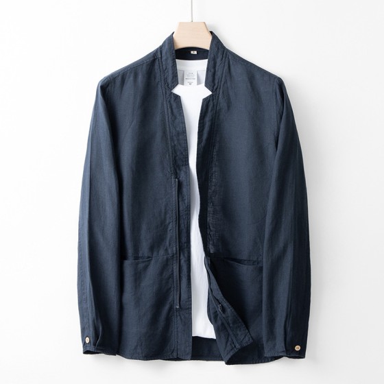 Linen men's casual spring-autumn loose-necked linen jacket with long sleeves and zipper, simple and versatile