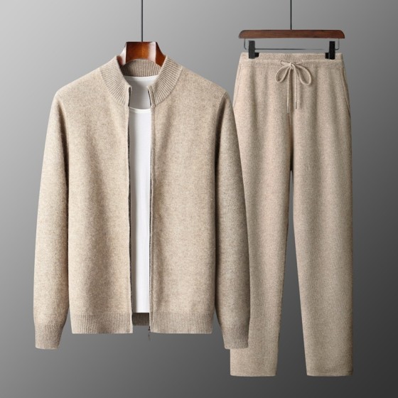 100% Australian wool sweater with zipper, long-sleeved button-up coat for men + tapered pants set
