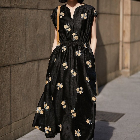 Xiangyun silk embroidery silk dress, mulberry silk long dress, high-end black dress, A-line dress, women's summer clothing