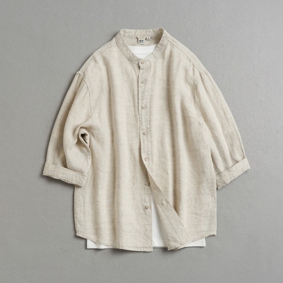 Men's pure linen three-quarter sleeve button-down shirt with stand-up collar, lightweight, breathable, solid color, old money style, pure linen shirt