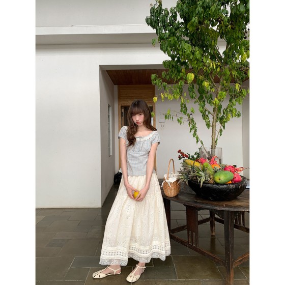 French-style hollowed-out A-line high-waisted full-length skirt for women, Korean-style loose-waist, petite-sized, relaxed and long summer dress