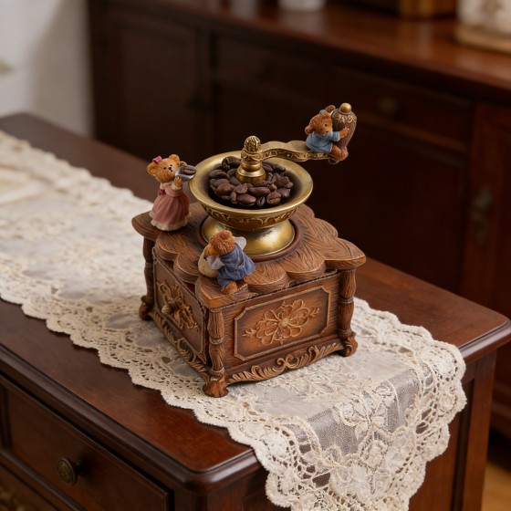 Vintage nostalgic gramophone music box, cute bear-shaped decorative item for home, creative idea for interior decoration, eight-tone box