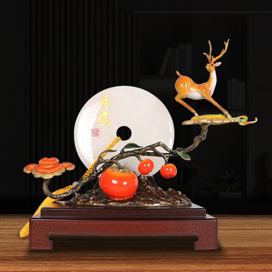 All-copper lucky-deer-shaped candied fruit ornament with a peace charm. Natural jade stone. Entrance decoration. Gift for moving house. To customers.