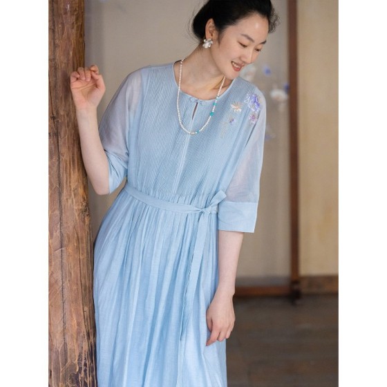 Fashionable silk cotton hand-embroidered dress