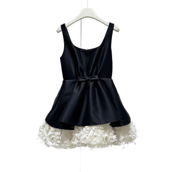 Summer new style black sleeveless bow-knotted patchwork flower ruffled short women's fitted dress